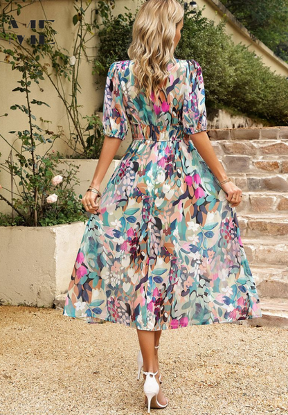 Robe midi trapèze à fleurs à col en V pour femme