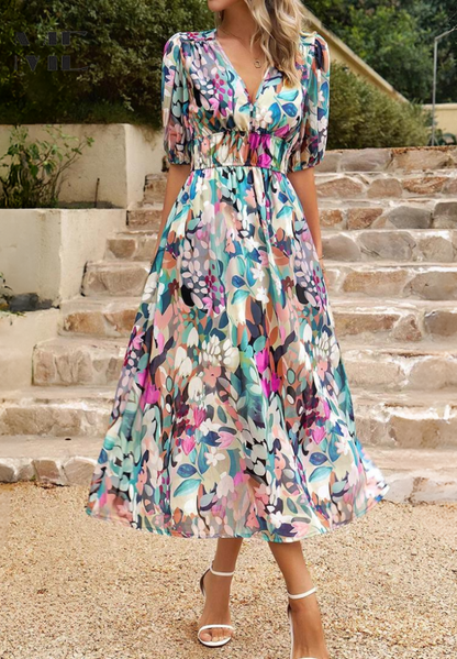Robe midi trapèze à fleurs à col en V pour femme