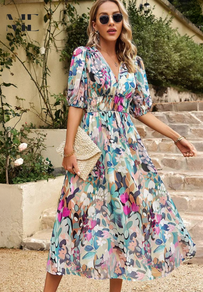 Robe midi trapèze à fleurs à col en V pour femme