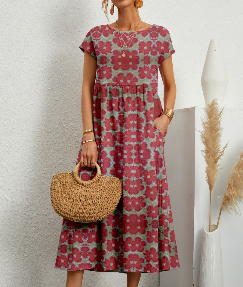 Robe midi trapèze à fleurs pour femme avec poches