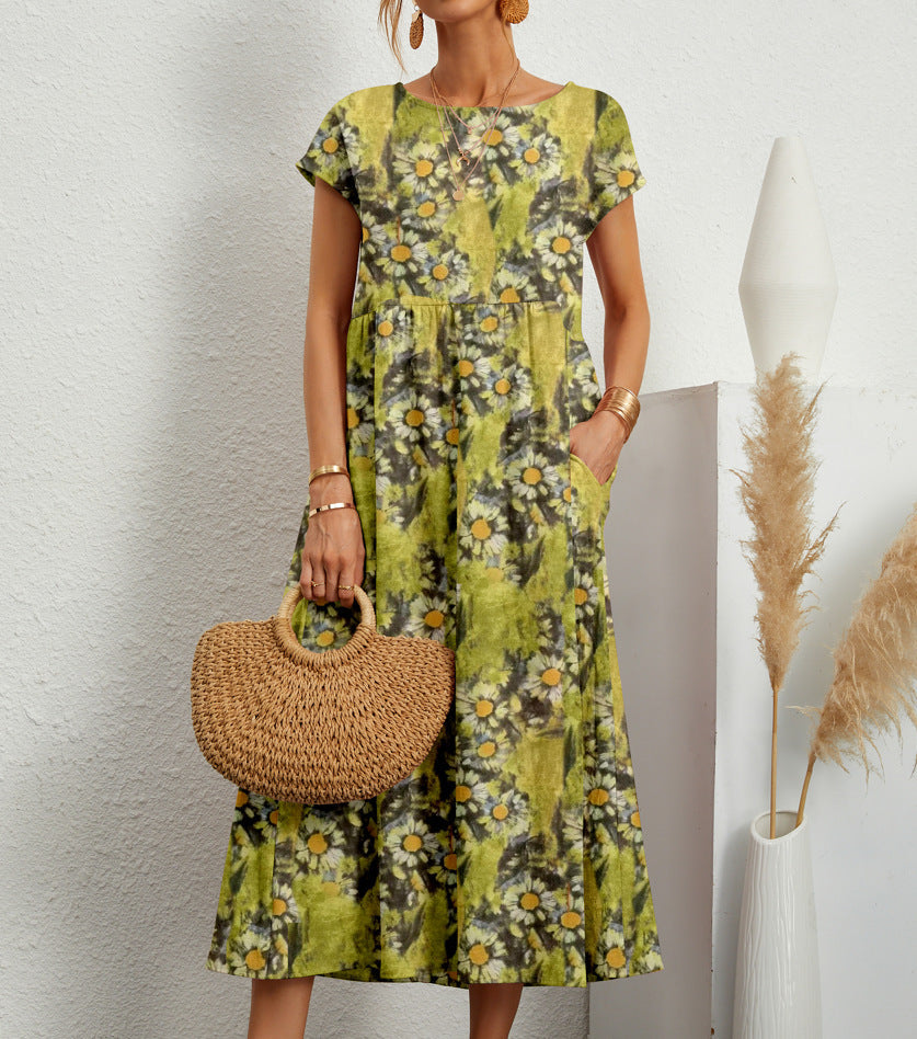 Robe midi trapèze à fleurs pour femme avec poches