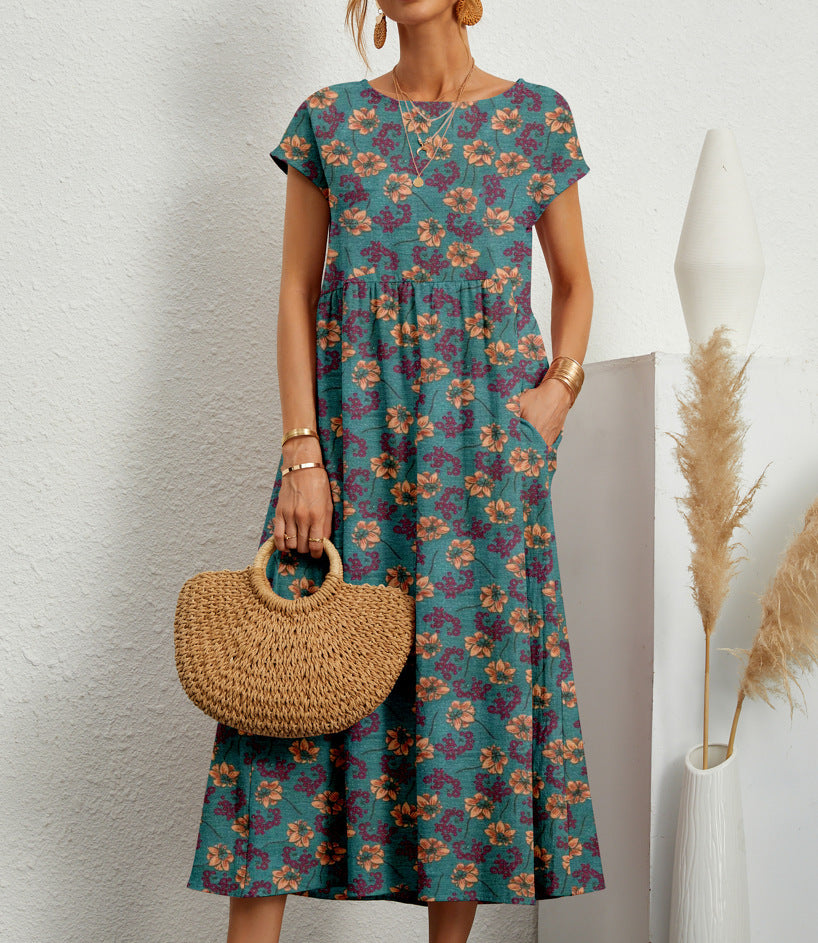 Robe midi trapèze à fleurs pour femme avec poches