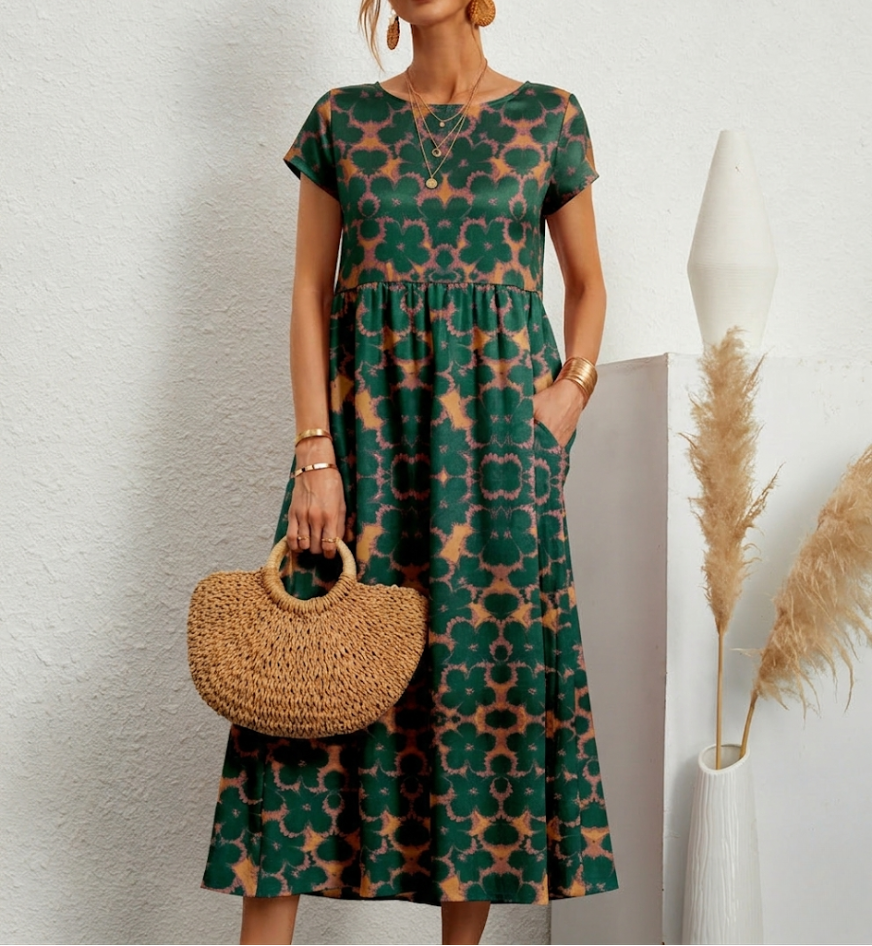 Robe midi trapèze à fleurs pour femme avec poches