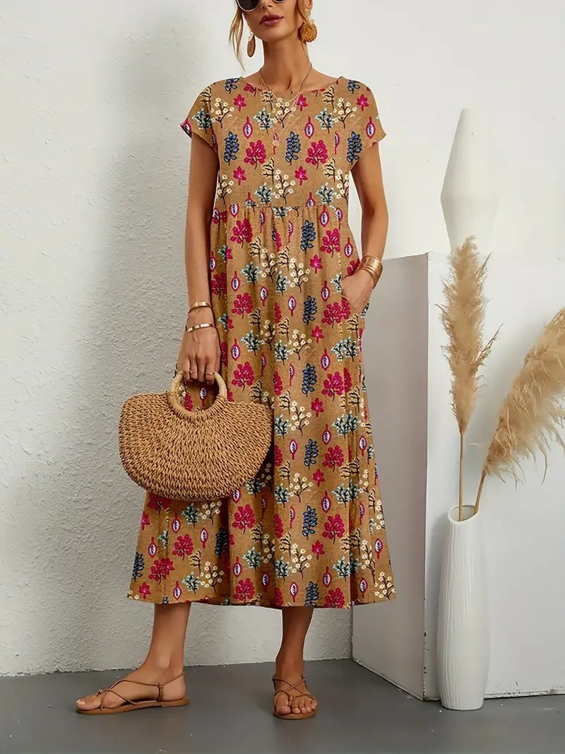 Robe midi trapèze à fleurs pour femme avec poches