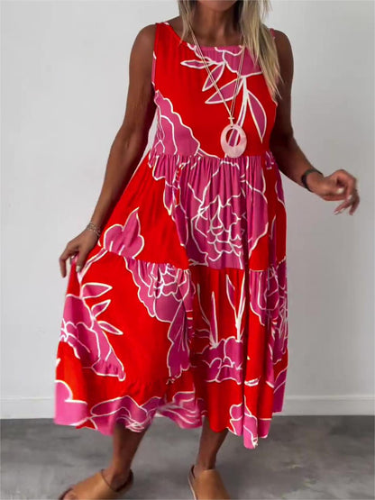 Robe midi trapèze à fleurs sans manches femme