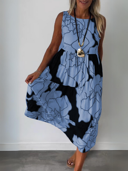 Robe midi trapèze à fleurs sans manches femme