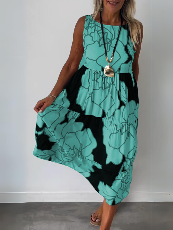 Robe midi trapèze à fleurs sans manches femme