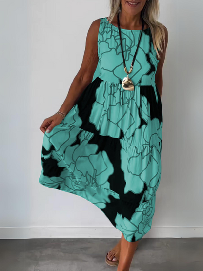 Robe midi trapèze à fleurs sans manches femme