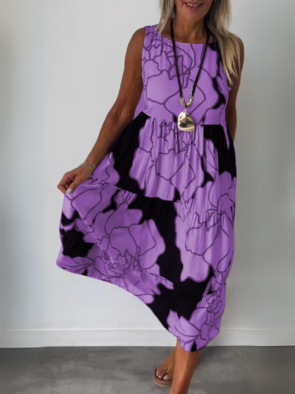Robe midi trapèze à fleurs sans manches femme