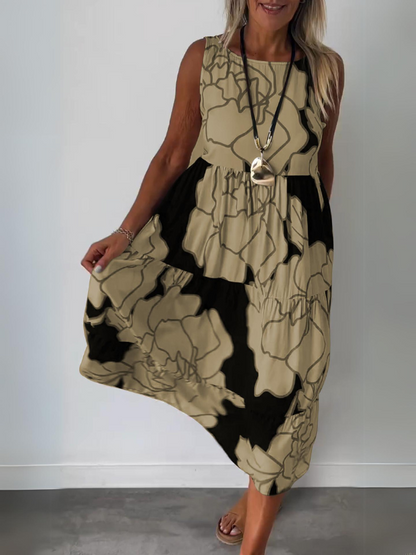 Robe midi trapèze à fleurs sans manches femme