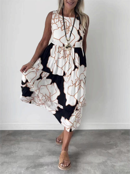 Robe midi trapèze à fleurs sans manches femme
