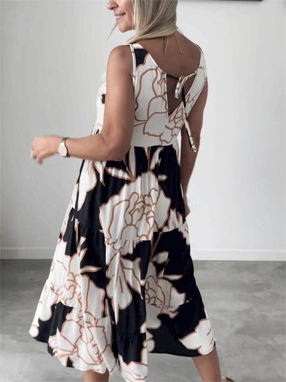 Robe midi trapèze à fleurs sans manches femme