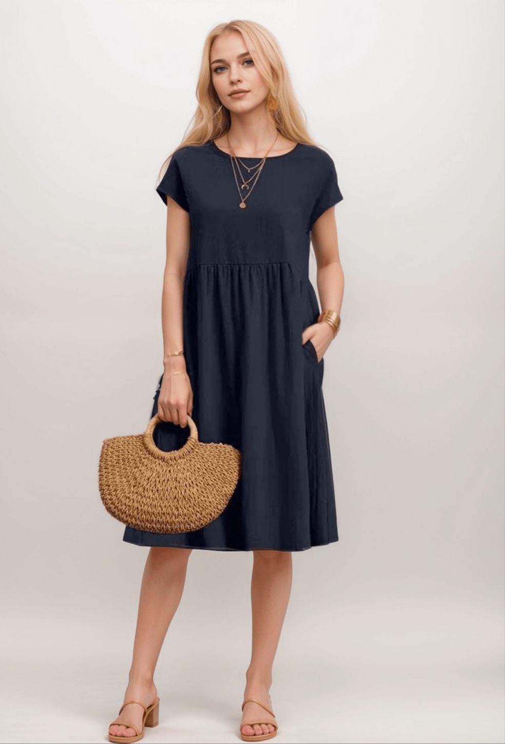 Robe midi trapèze à manches courtes pour femme