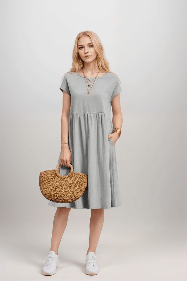 Robe midi trapèze à manches courtes pour femme