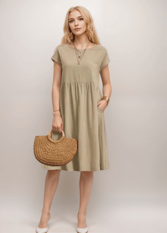 Robe midi trapèze à manches courtes pour femme