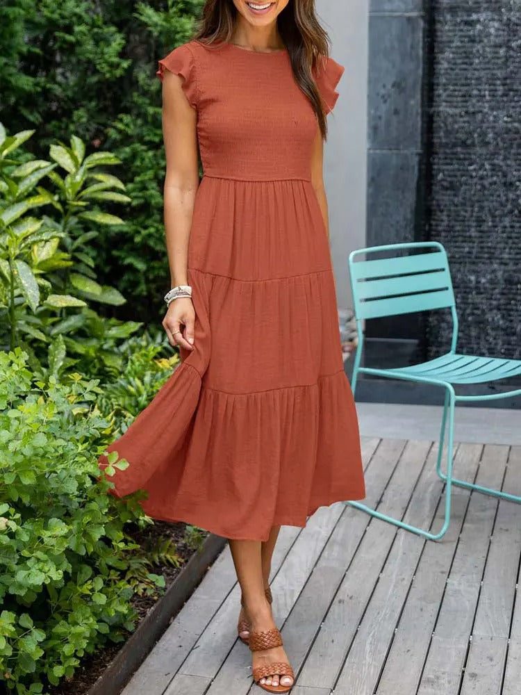 Robe midi trapèze à smocks pour femme