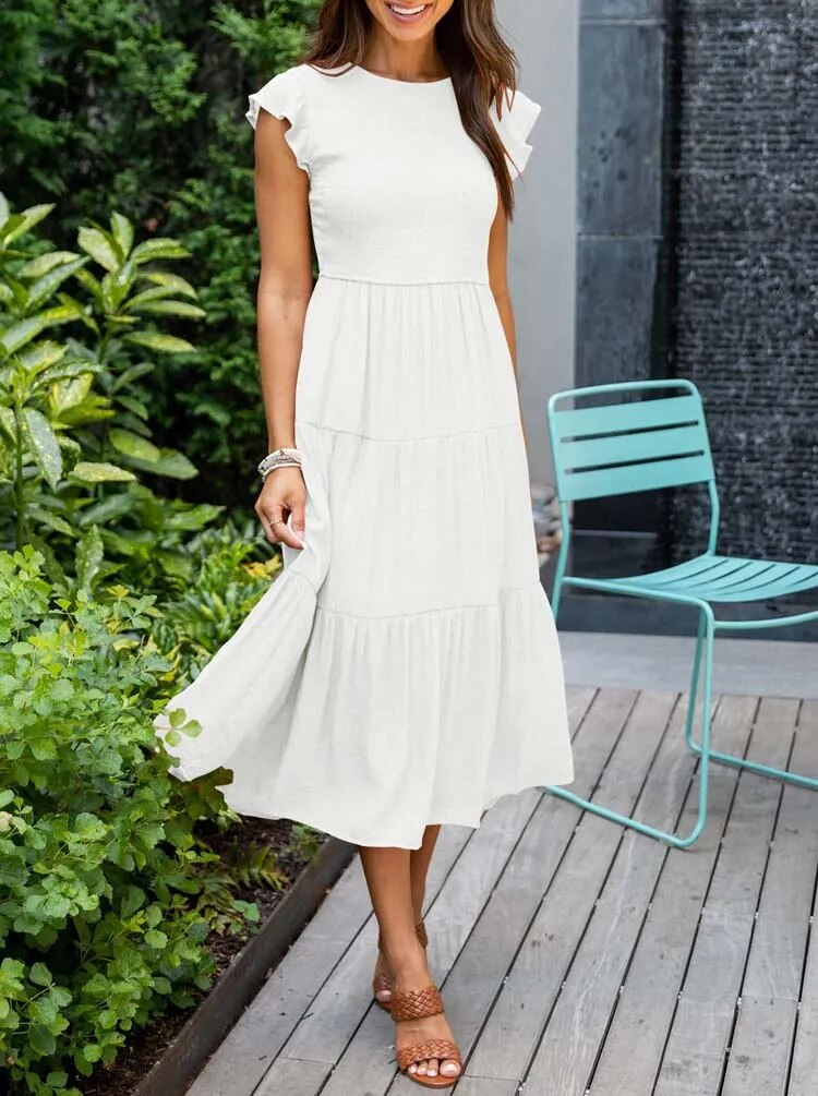 Robe midi trapèze à smocks pour femme
