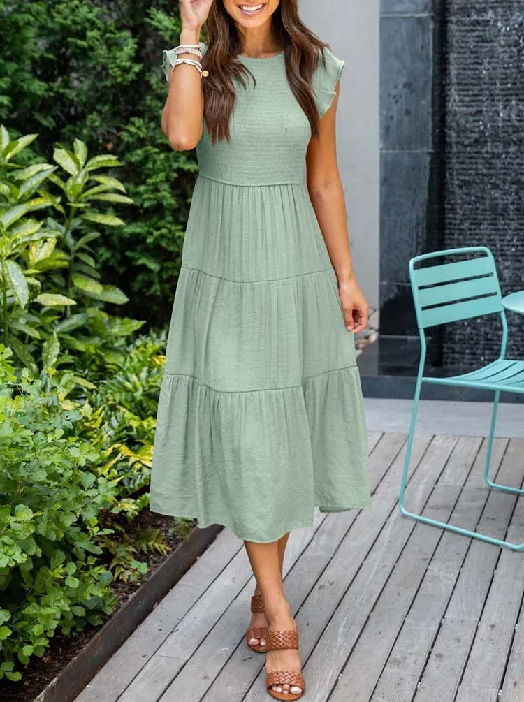 Robe midi trapèze à smocks pour femme