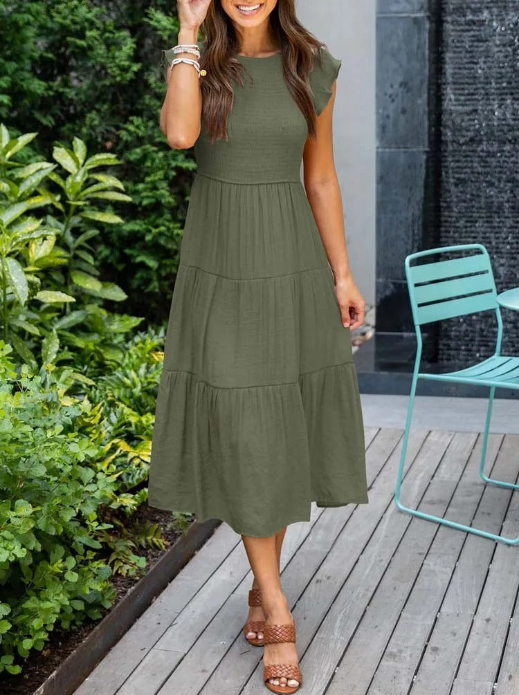Robe midi trapèze à smocks pour femme