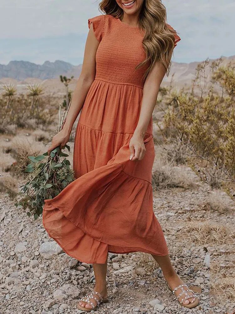 Robe midi trapèze à smocks pour femme
