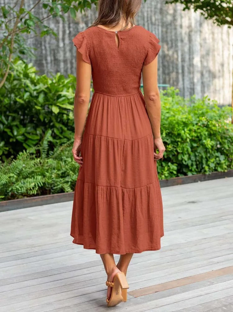 Robe midi trapèze à smocks pour femme