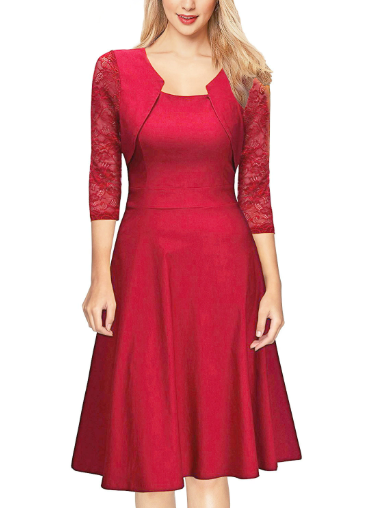 Robe midi trapèze avec dentelle à manches 3/4 pour femme