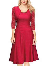 Robe midi trapèze avec dentelle à manches 3/4 pour femme