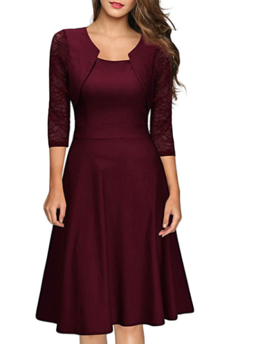 Robe midi trapèze avec dentelle à manches 3/4 pour femme