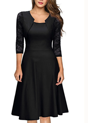 Robe midi trapèze avec dentelle à manches 3/4 pour femme
