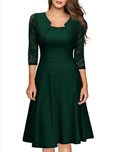 Robe midi trapèze avec dentelle à manches 3/4 pour femme