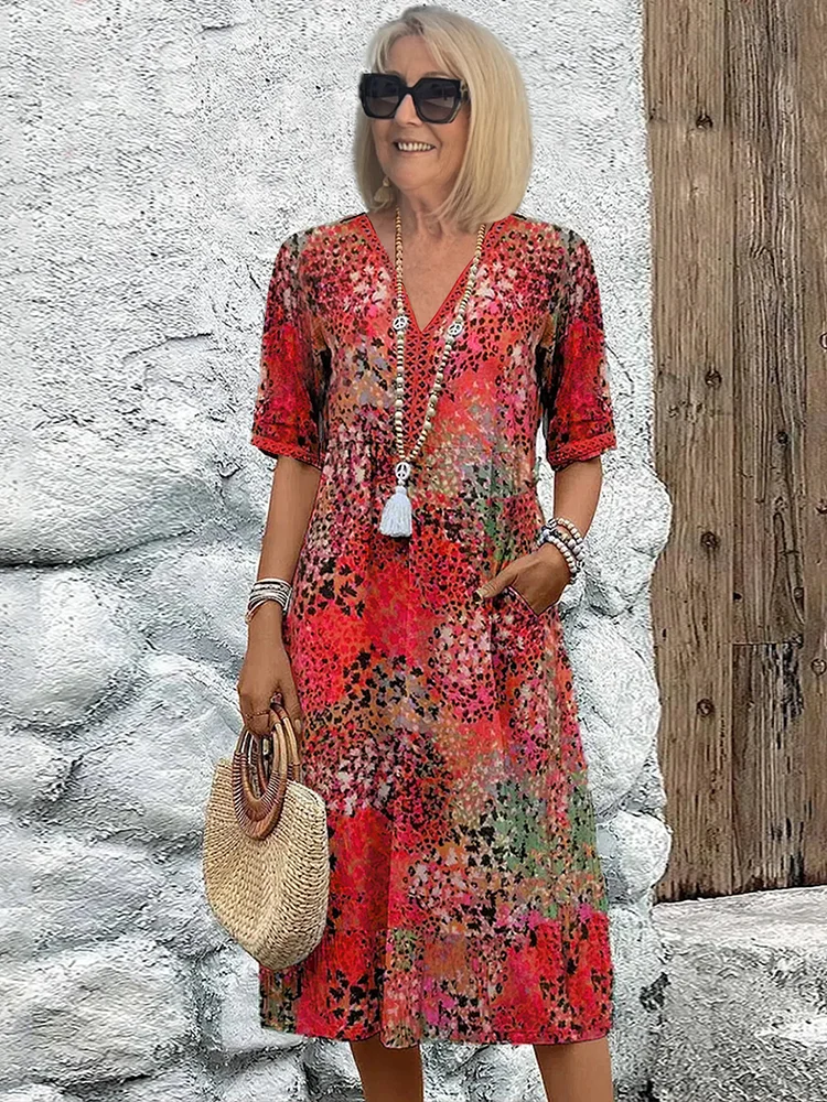 Robe midi trapèze imprimée à encolure en V pour femme