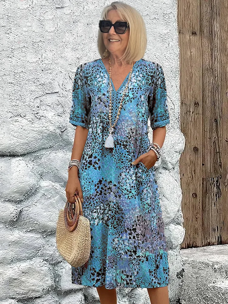 Robe midi trapèze imprimée à encolure en V pour femme