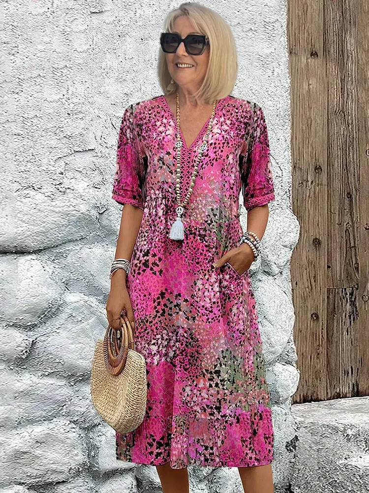 Robe midi trapèze imprimée à encolure en V pour femme