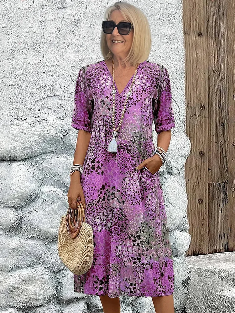 Robe midi trapèze imprimée à encolure en V pour femme