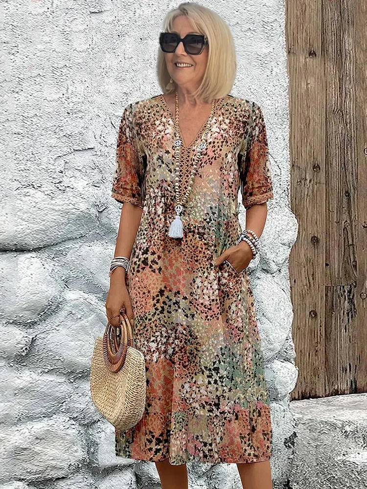 Robe midi trapèze imprimée à encolure en V pour femme