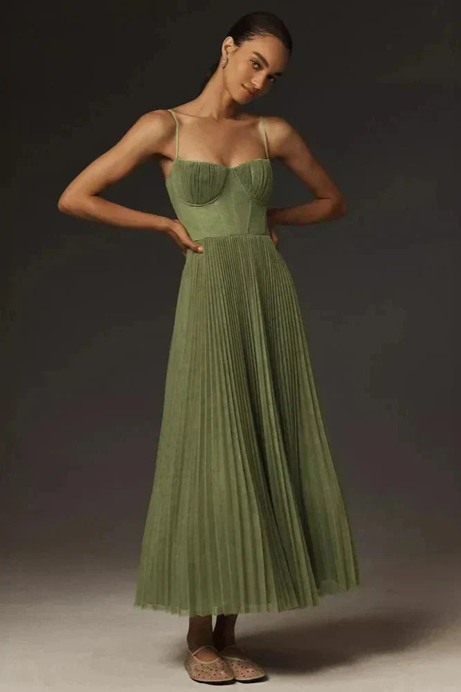 Robe midi trapèze plissée pour femme - corsage bustier - à bretelles spaghetti