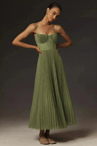 Robe midi trapèze plissée pour femme - corsage bustier - à bretelles spaghetti