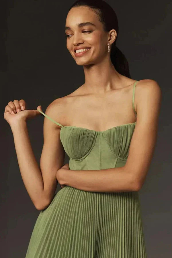 Robe midi trapèze plissée pour femme - corsage bustier - à bretelles spaghetti