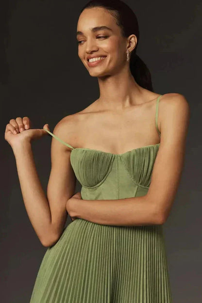 Robe midi trapèze plissée pour femme - corsage bustier - à bretelles spaghetti