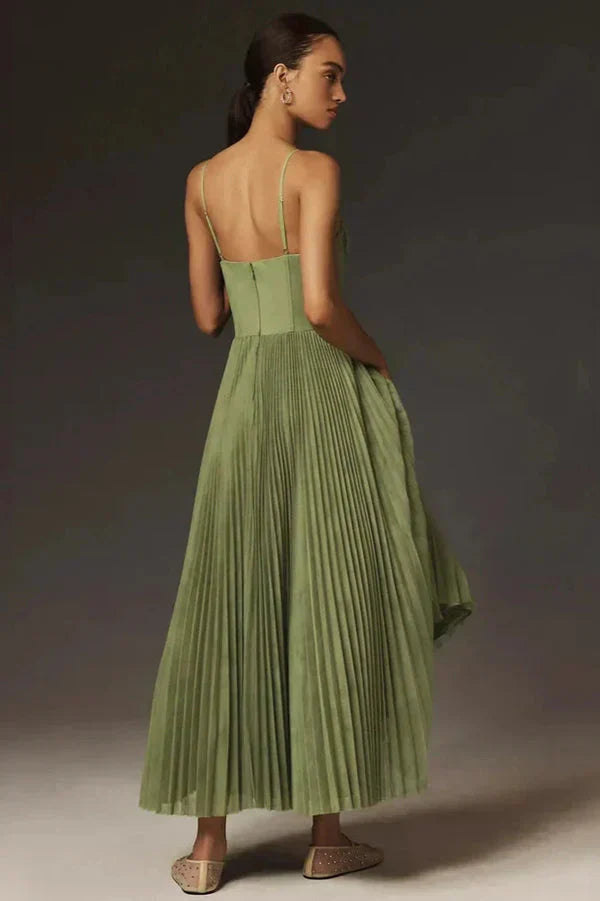 Robe midi trapèze plissée pour femme - corsage bustier - à bretelles spaghetti