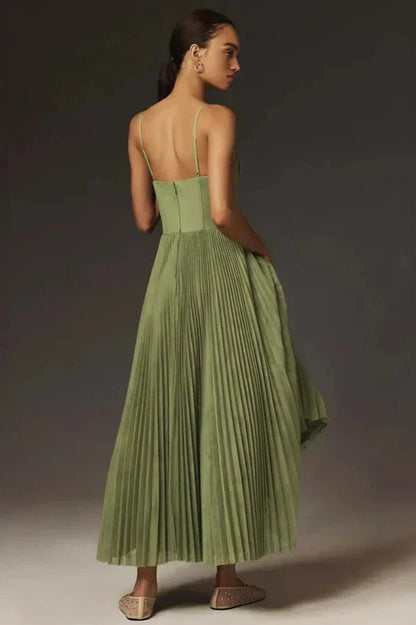 Robe midi trapèze plissée pour femme - corsage bustier - à bretelles spaghetti
