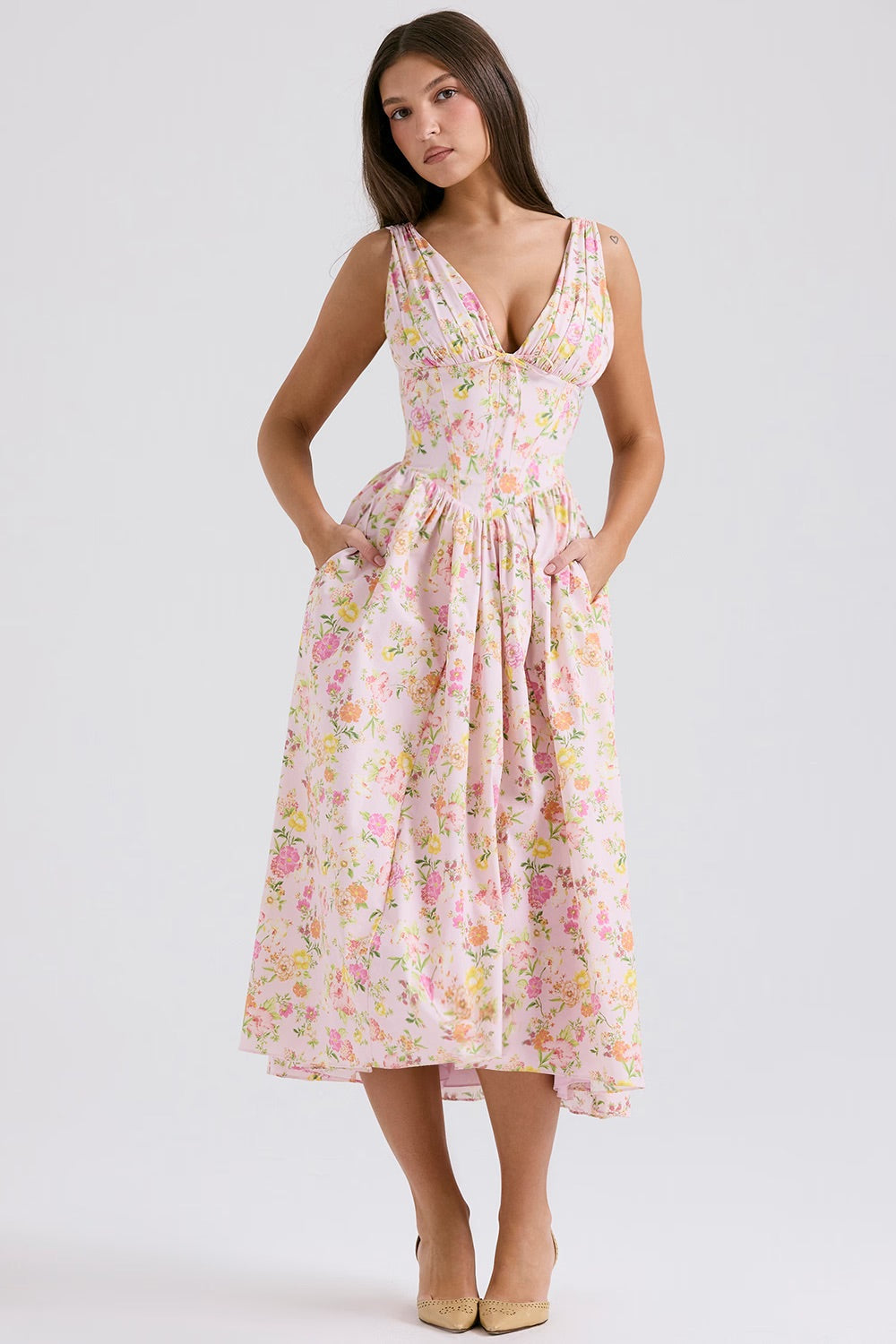 Robe midi trapèze sans manches pour femme