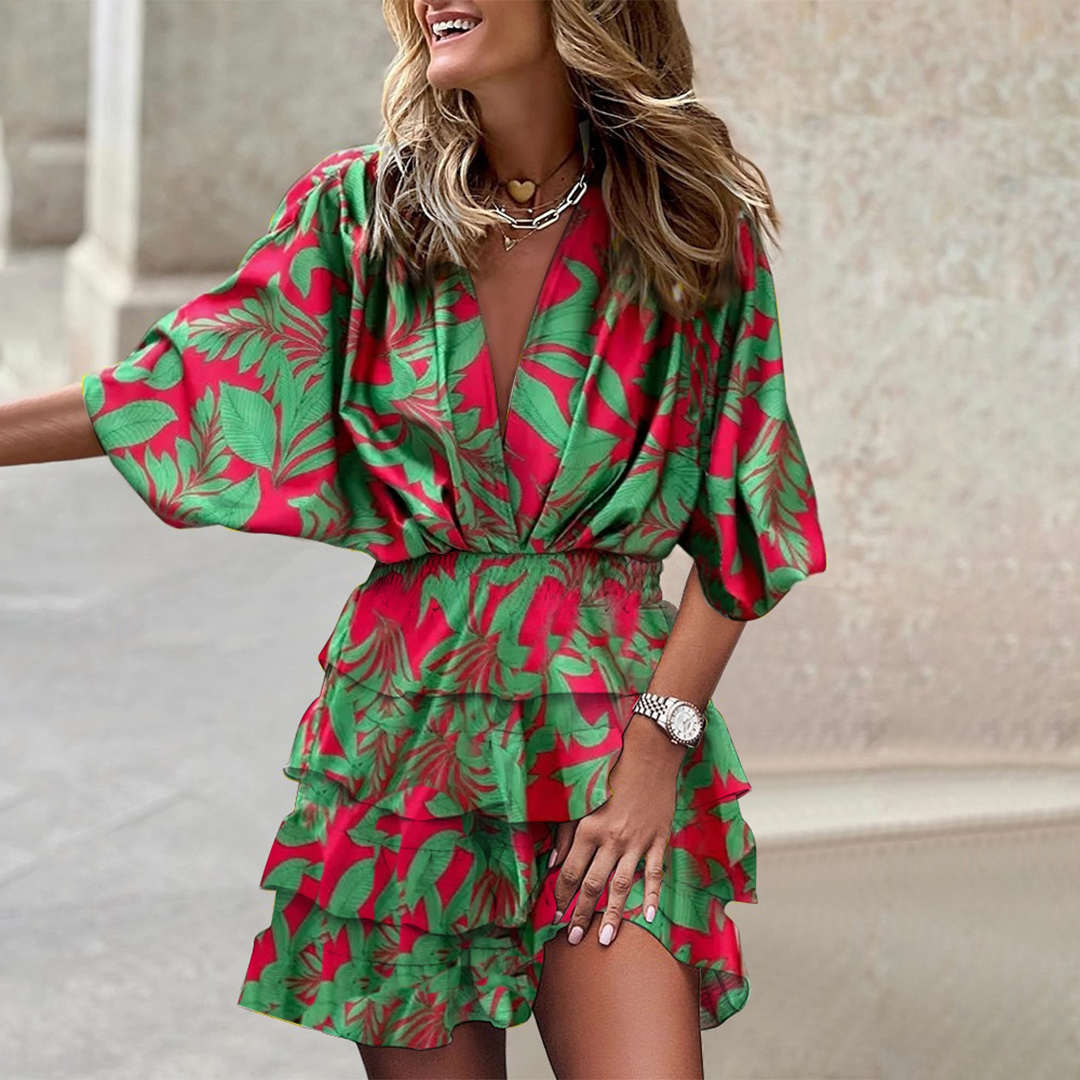 Robe mini à col en V et motif géométrique