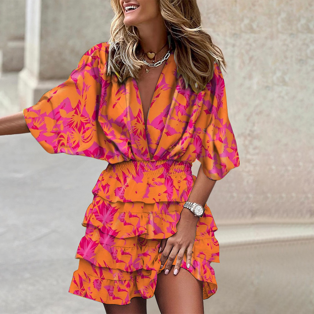 Robe mini à col en V et motif géométrique