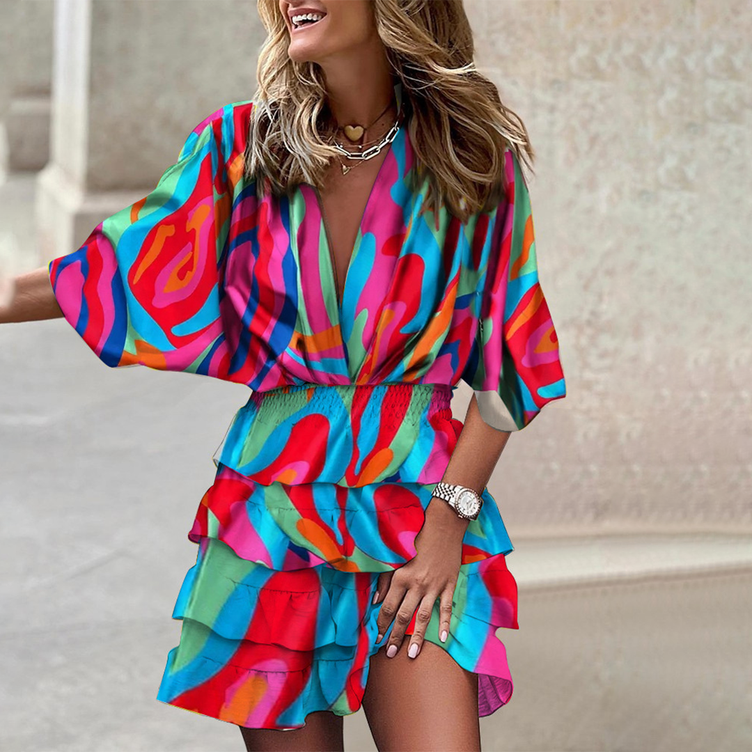 Robe mini à col en V et motif géométrique