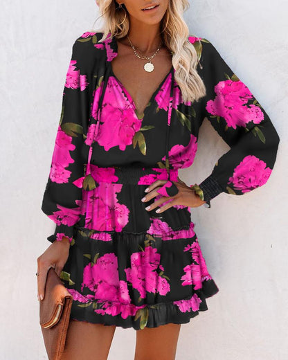 Robe mini à fleurs à manches longues pour femme
