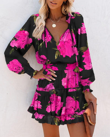 Robe mini à fleurs à manches longues pour femme