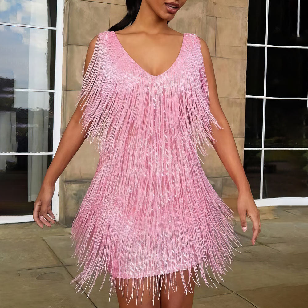 Robe mini à franges à col en V femme