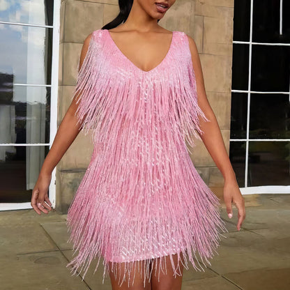 Robe mini à franges à col en V femme