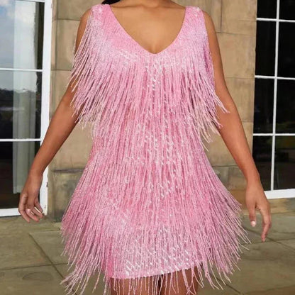 Robe mini à franges et à paillettes à col en V pour femme